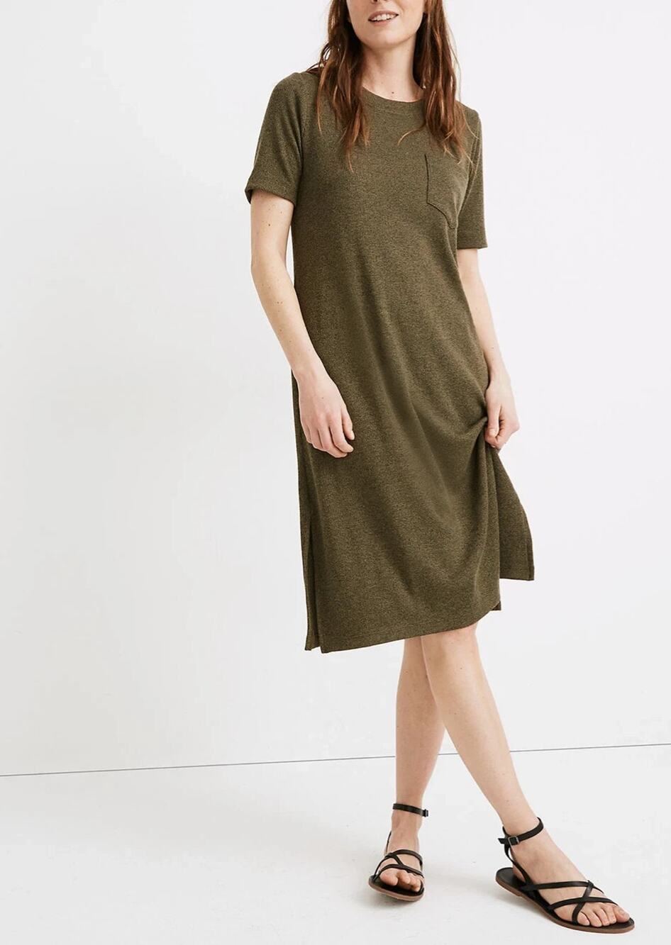 Madewell Womenโs Medium Ribbed Pocket T Shirt Midi Dress Olive Green A010506